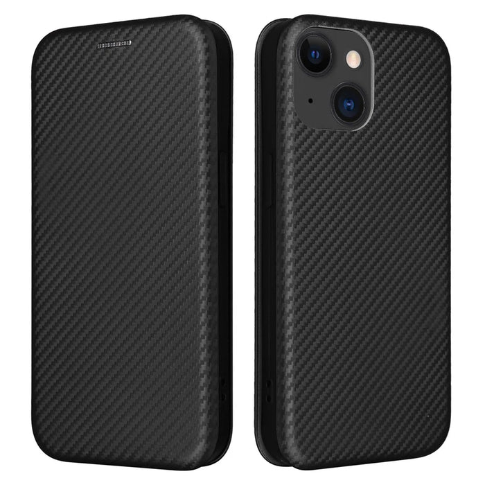 Card Holder Leather Phone Case for iPhone 15 , Carbon Fiber Texture Stand Phone Cover - Black - 1