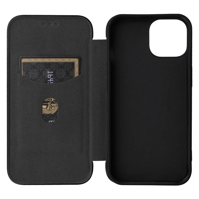 Card Holder Leather Phone Case for iPhone 15 , Carbon Fiber Texture Stand Phone Cover - Black - 6