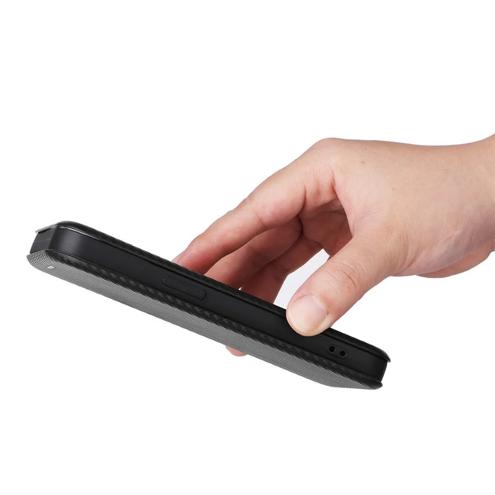 Card Holder Leather Phone Case for iPhone 15 , Carbon Fiber Texture Stand Phone Cover - Black - 7