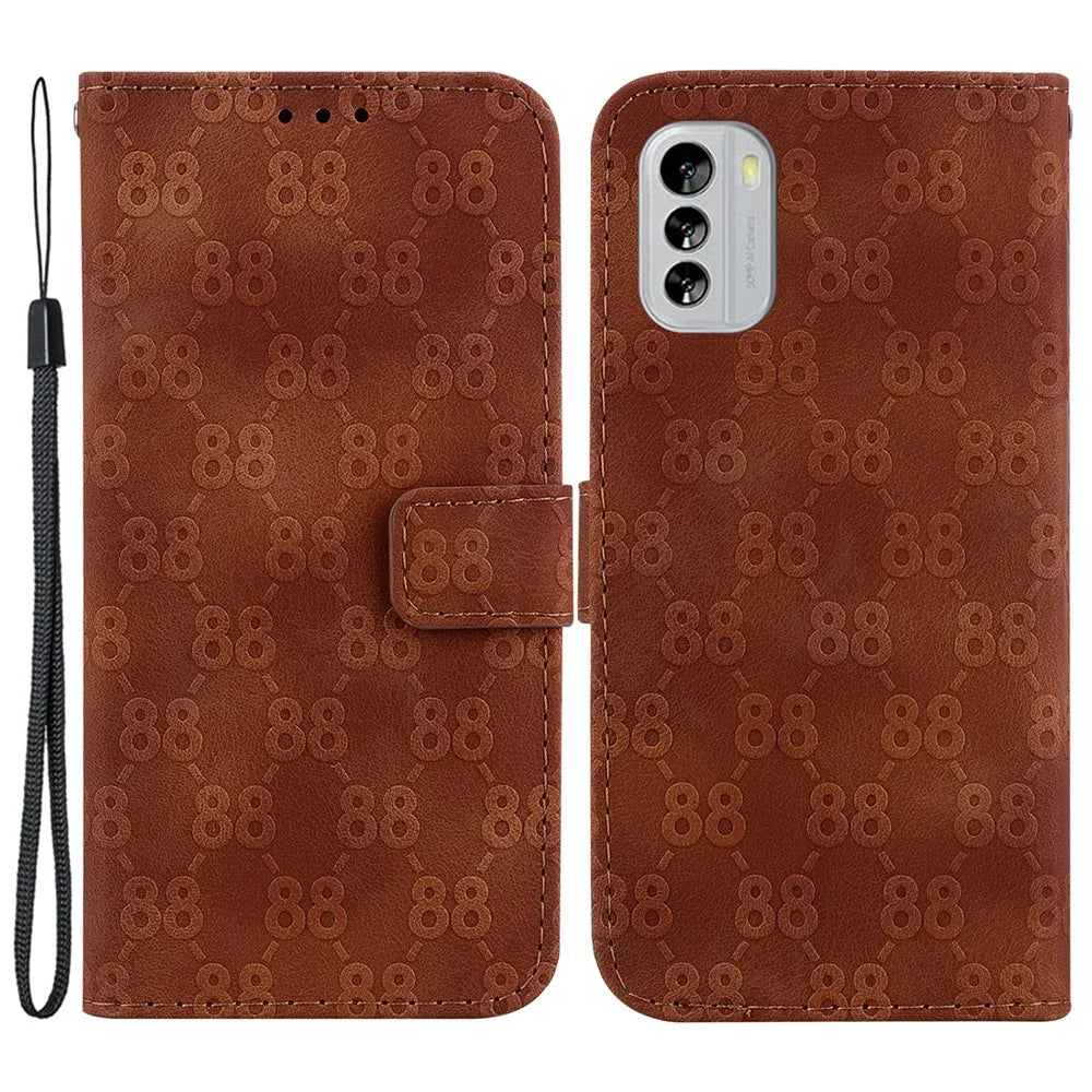 Stand Shell for Nokia G60 5G Mobile Phone Shockproof Double 8-Shape Imprint Leather Case Wallet Cover - Brown - 1