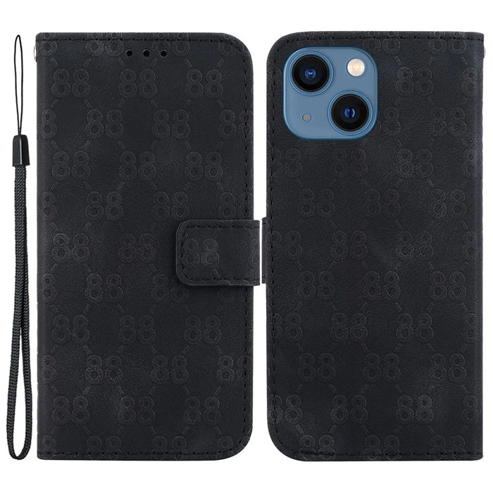 For iPhone 14 Double 8-Shape Imprinted Phone Case PU Leather Stand Wallet Drop-proof Cover - Black - 1