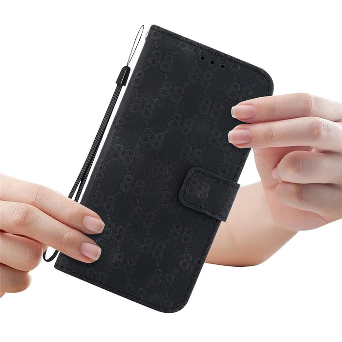 For iPhone 14 Double 8-Shape Imprinted Phone Case PU Leather Stand Wallet Drop-proof Cover - Black - 5
