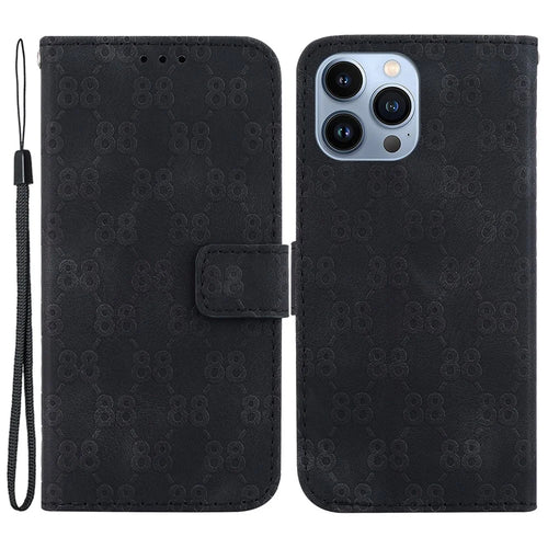 For iPhone 13 Pro 6.1 inch Flip Stand Wallet Phone Cover Double 8-Shape Imprinted Leather Case - Black - 1