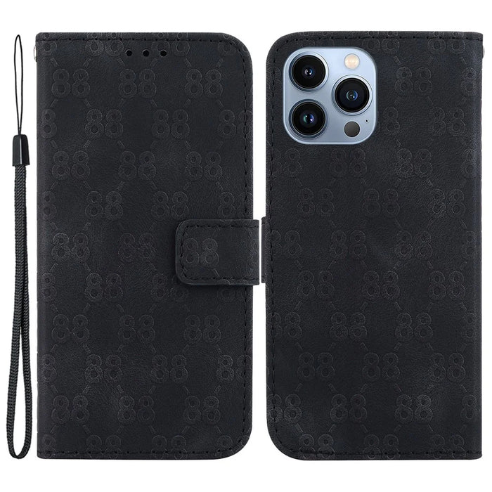 For iPhone 13 Pro 6.1 inch Flip Stand Wallet Phone Cover Double 8-Shape Imprinted Leather Case - Black - 1