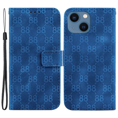 For iPhone 14 Plus Double 8-Shape Imprint Cover Anti-drop Leather Stand Wallet Phone Case - Dark Blue - 1