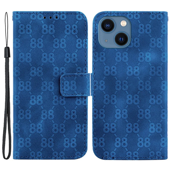 For iPhone 14 Plus Double 8-Shape Imprint Cover Anti-drop Leather Stand Wallet Phone Case - Dark Blue - 1