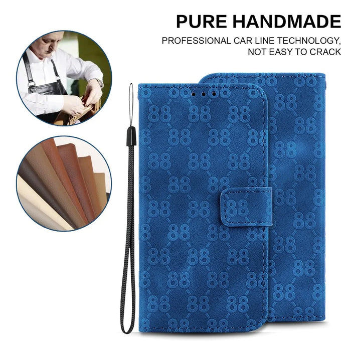 For iPhone 14 Plus Double 8-Shape Imprint Cover Anti-drop Leather Stand Wallet Phone Case - Dark Blue - 4