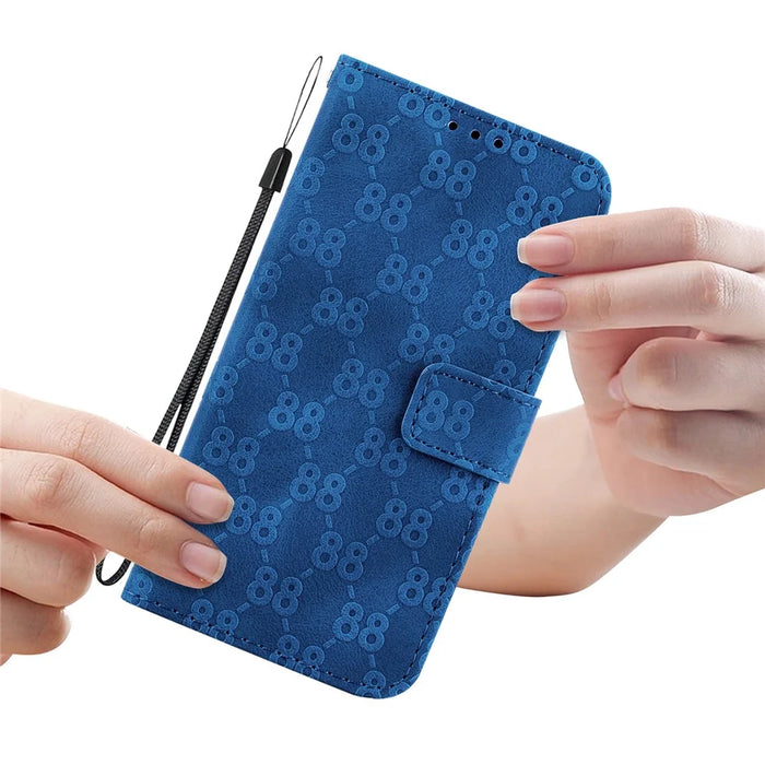 For iPhone 14 Plus Double 8-Shape Imprint Cover Anti-drop Leather Stand Wallet Phone Case - Dark Blue - 5