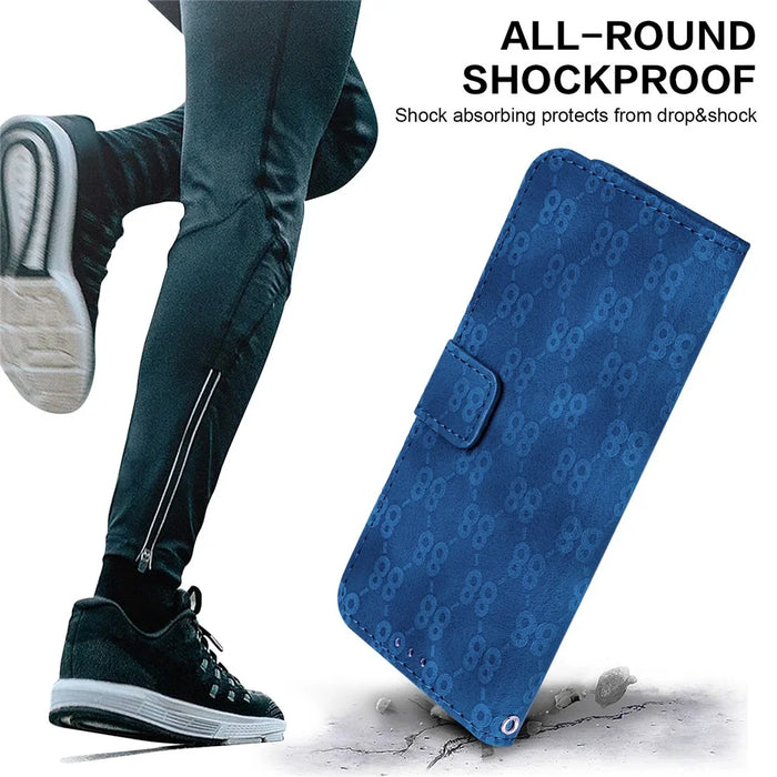 For iPhone 14 Plus Double 8-Shape Imprint Cover Anti-drop Leather Stand Wallet Phone Case - Dark Blue - 6