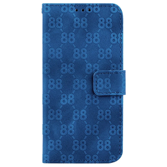 For iPhone 14 Plus Double 8-Shape Imprint Cover Anti-drop Leather Stand Wallet Phone Case - Dark Blue - 7