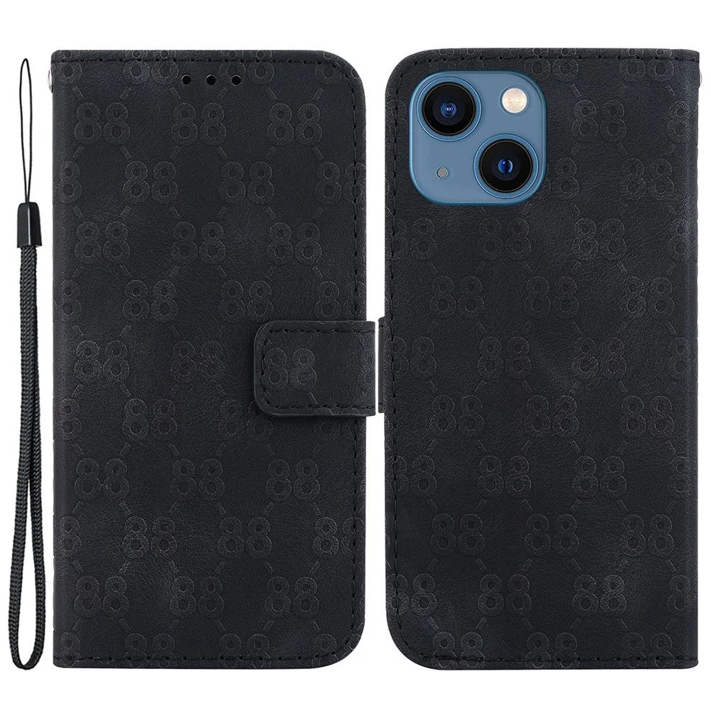 For iPhone 15 Double 8-Shape Imprinted Phone Case PU Leather Stand Wallet Cover with Hand Strap - Black - 1