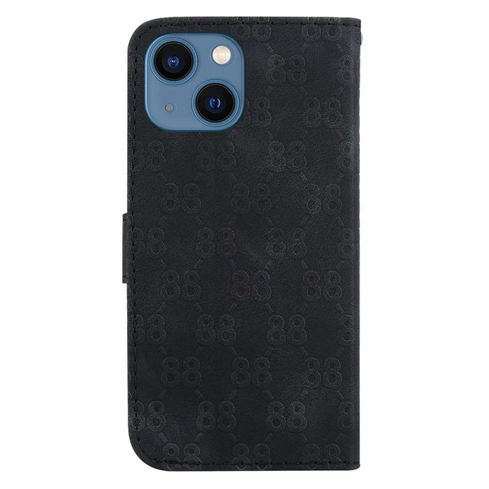 For iPhone 15 Double 8-Shape Imprinted Phone Case PU Leather Stand Wallet Cover with Hand Strap - Black - 7