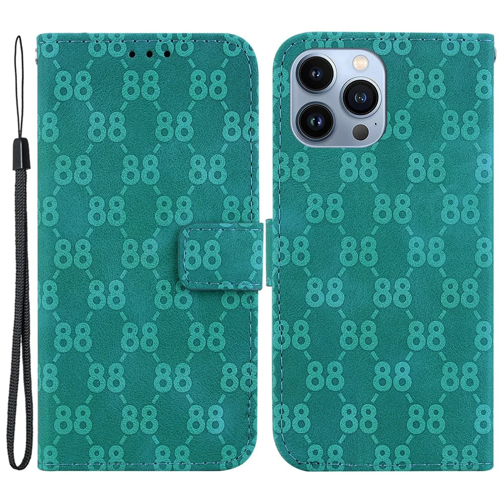 For iPhone 13 Pro Max 6.7 inch Leather Wallet Stand Phone Cover Double 8-Shape Imprinted Case - Green - 1