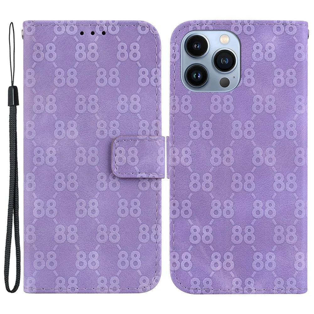 For iPhone 14 Pro Leather Wallet Stand Shockproof Cover Double 8-Shape Imprinted Phone Case - Purple - 1