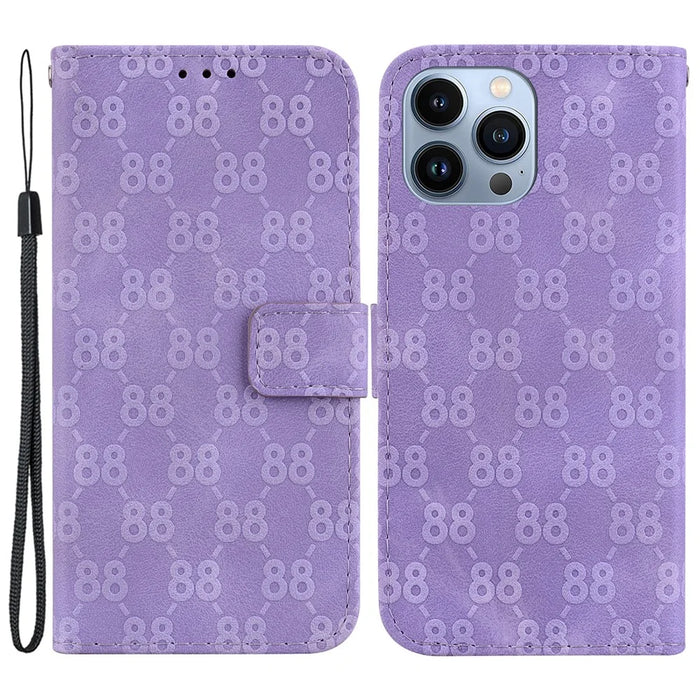 For iPhone 14 Pro Leather Wallet Stand Shockproof Cover Double 8-Shape Imprinted Phone Case - Purple - 1