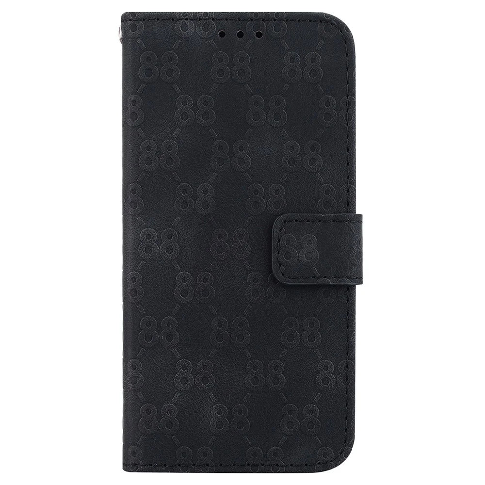 For iPhone 15 Plus Double 8-Shape Imprinted Phone Case Stand Wallet Leather Cover with Hand Strap - Black - 6