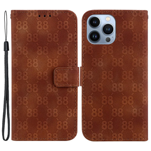For iPhone 14 Pro Max Double 8-Shape Imprint Anti-fall Cover PU Leather Stand Wallet Phone Case - Brown - 1