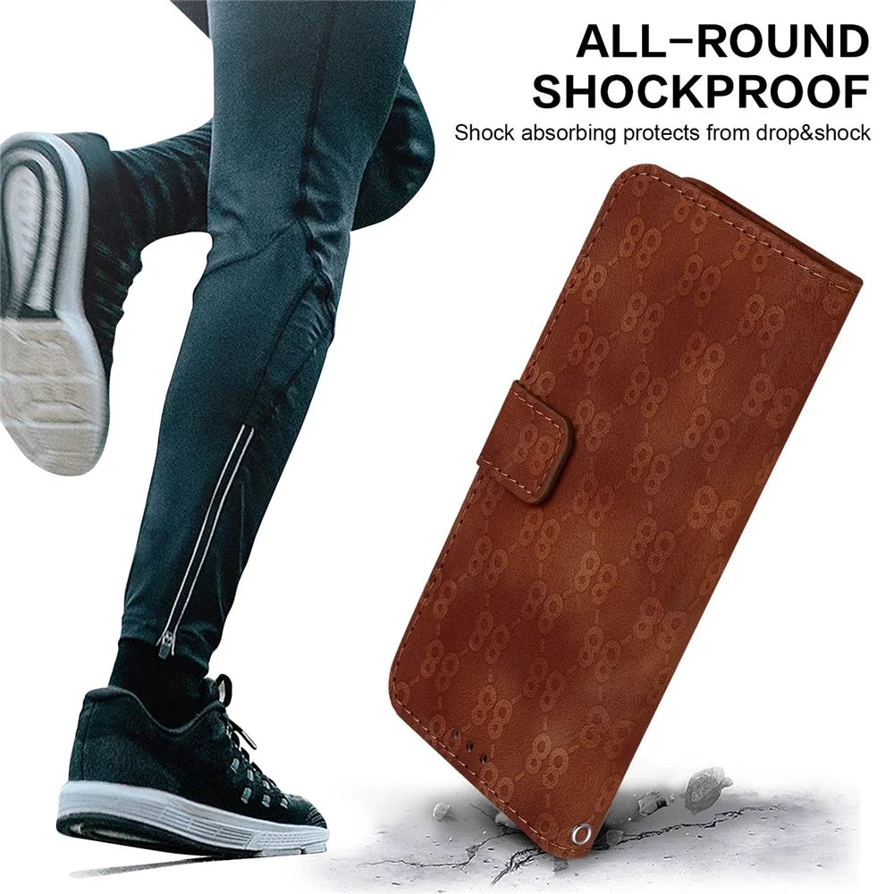 For iPhone 14 Pro Max Double 8-Shape Imprint Anti-fall Cover PU Leather Stand Wallet Phone Case - Brown - 6