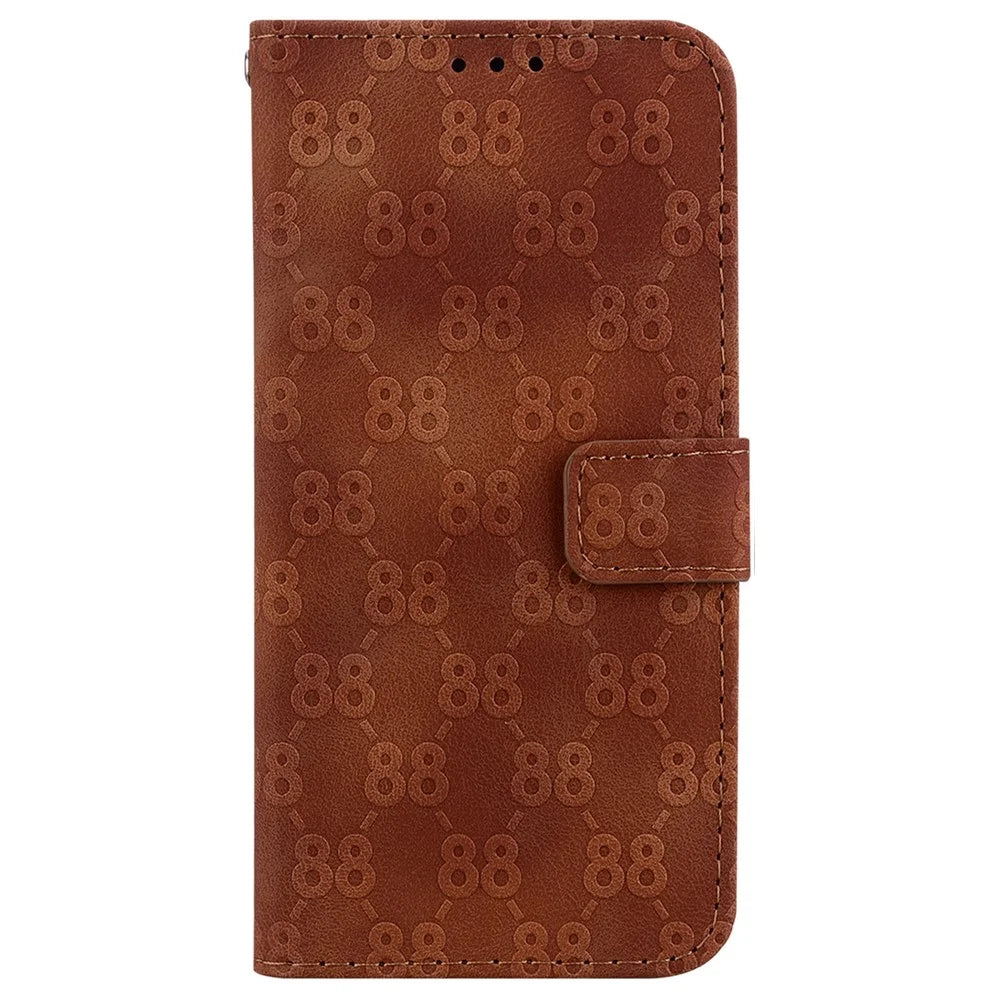 For iPhone 14 Pro Max Double 8-Shape Imprint Anti-fall Cover PU Leather Stand Wallet Phone Case - Brown - 7