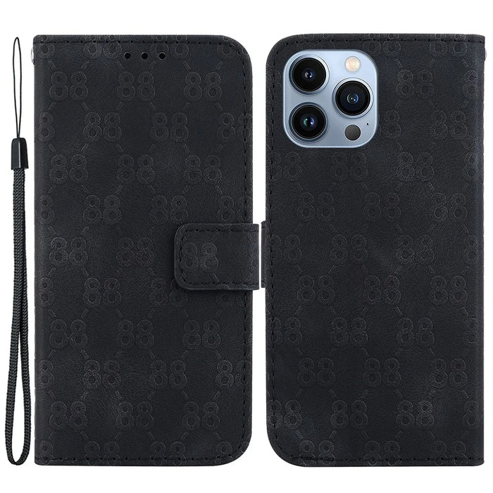 Leather Cover for iPhone 15 Pro Max , Stand Wallet Double 8-Shape Imprinted Phone Case with Hand Strap - Black - 1