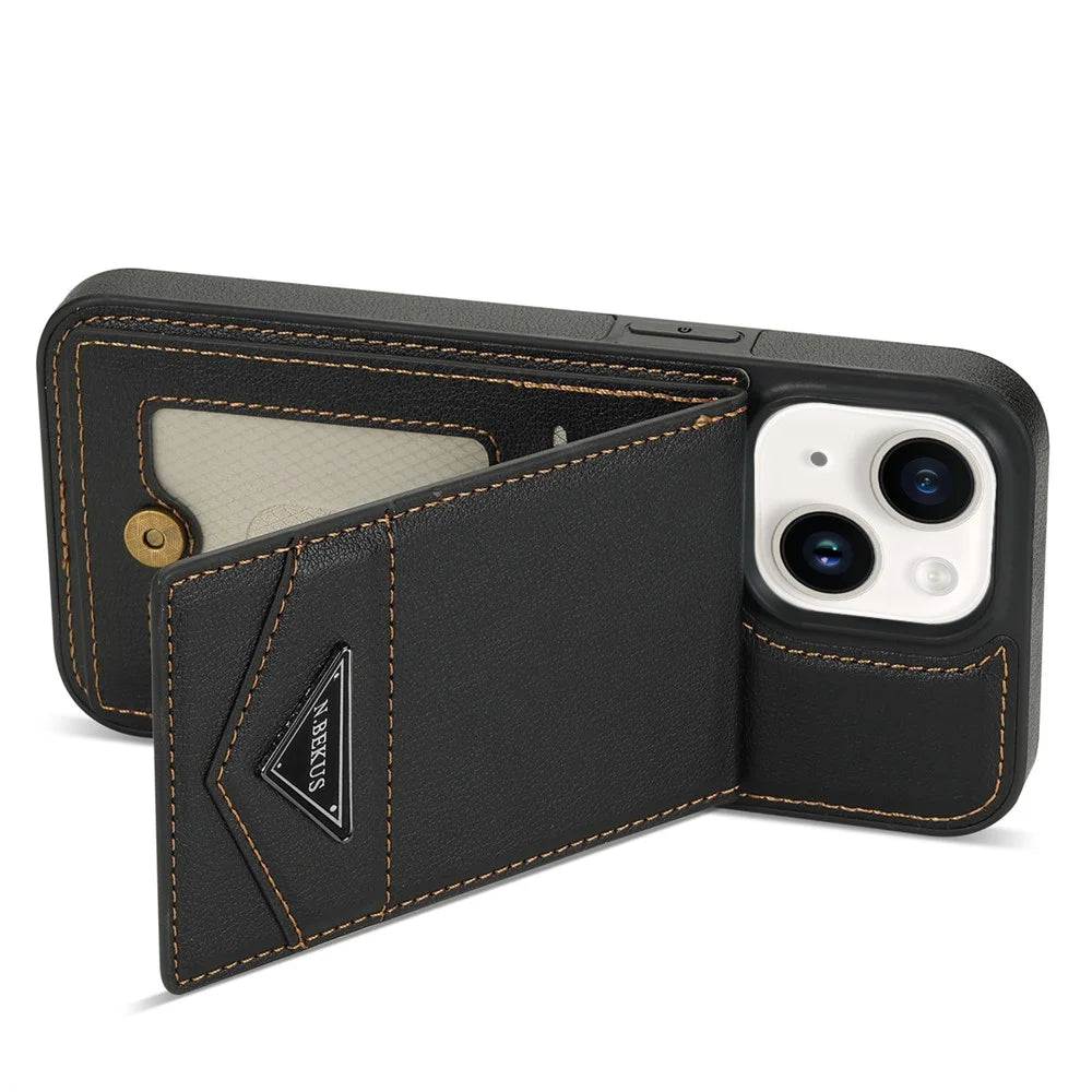 N.BEKUS For iPhone 15 PU Leather + TPU Kickstand Cover Vertical Flip Card Holder RFID Blocking Phone Case - Black - 5