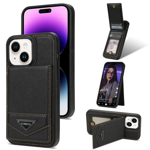 N.BEKUS For iPhone 15 Plus PU Leather Coated TPU Phone Case Vertical Flip Card Holder Kickstand Cover - Black - 1