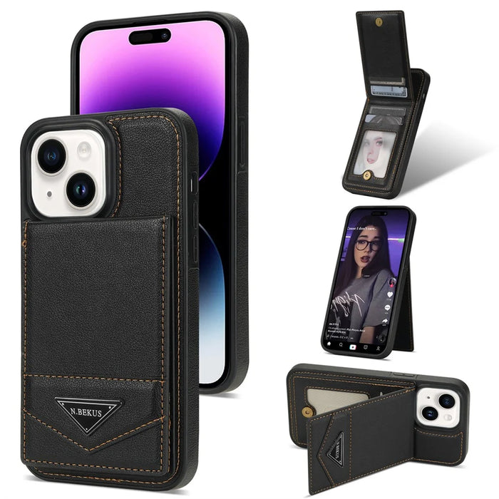 N.BEKUS For iPhone 15 Plus PU Leather Coated TPU Phone Case Vertical Flip Card Holder Kickstand Cover - Black - 1
