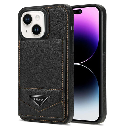 N.BEKUS For iPhone 15 Plus PU Leather Coated TPU Phone Case Vertical Flip Card Holder Kickstand Cover - Black - 2