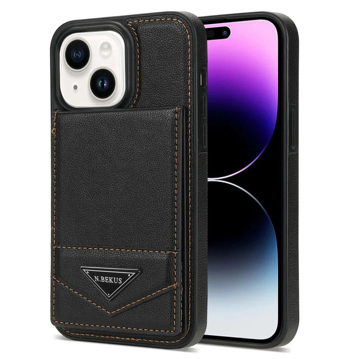 N.BEKUS For iPhone 15 Plus PU Leather Coated TPU Phone Case Vertical Flip Card Holder Kickstand Cover - Black - 2