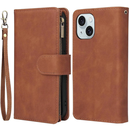 For iPhone 15 Multiple Card Slots Zipper Pocket Phone Wallet Stand Case Folio Flip PU Leather Cover - Brown - 1