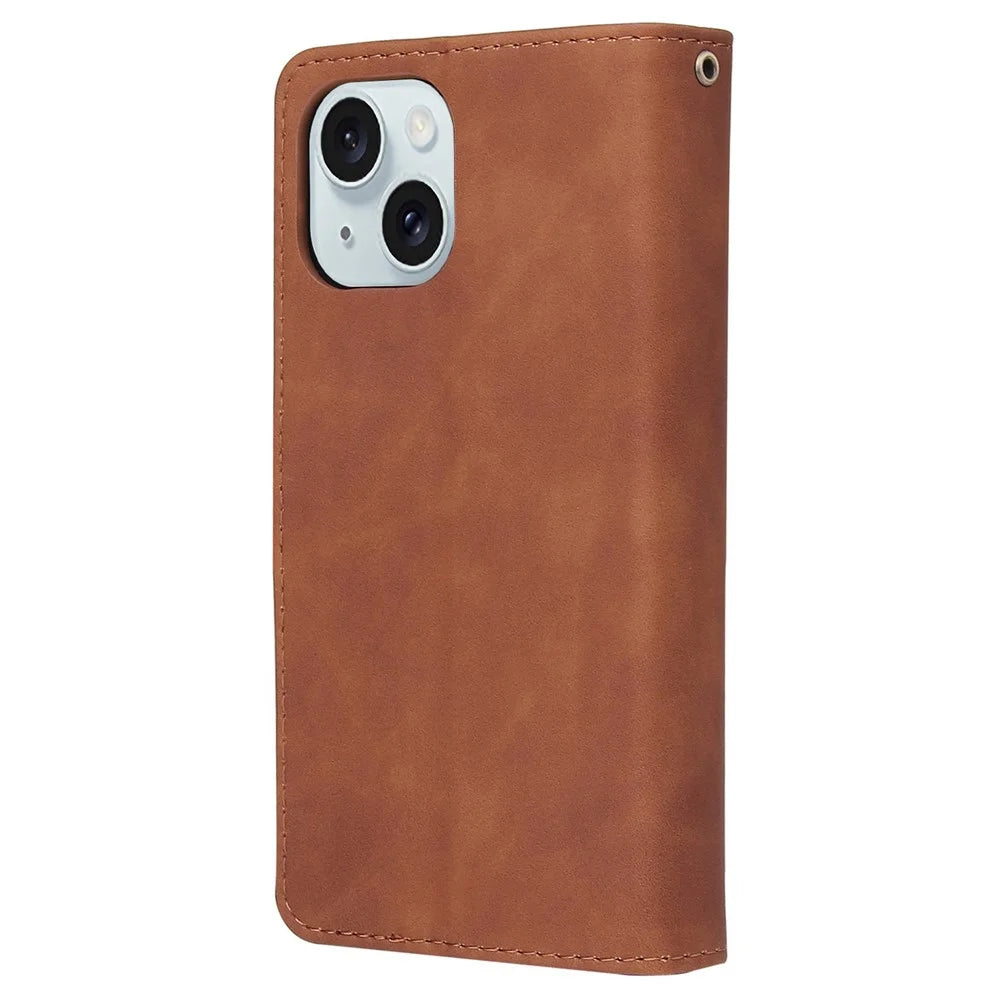 For iPhone 15 Multiple Card Slots Zipper Pocket Phone Wallet Stand Case Folio Flip PU Leather Cover - Brown - 7