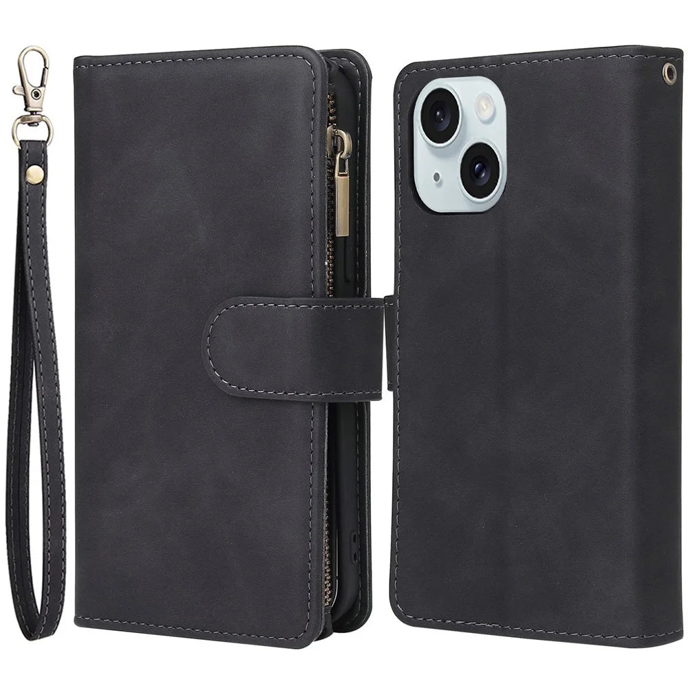 PU Leather Cover for iPhone 15 Plus , Multiple Card Slots Zipper Pocket Phone Wallet Stand Folio Flip Case - Black - 1