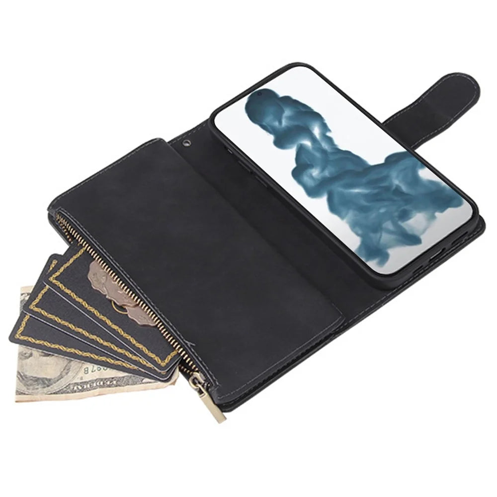 PU Leather Cover for iPhone 15 Plus , Multiple Card Slots Zipper Pocket Phone Wallet Stand Folio Flip Case - Black - 3