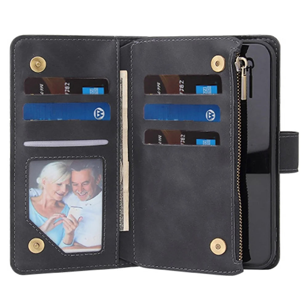PU Leather Cover for iPhone 15 Plus , Multiple Card Slots Zipper Pocket Phone Wallet Stand Folio Flip Case - Black - 4
