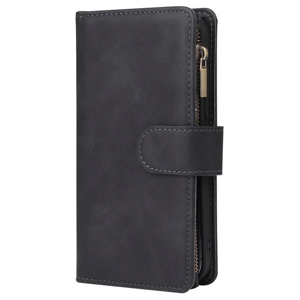PU Leather Cover for iPhone 15 Plus , Multiple Card Slots Zipper Pocket Phone Wallet Stand Folio Flip Case - Black - 5