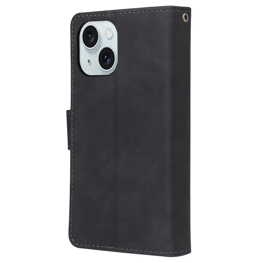 PU Leather Cover for iPhone 15 Plus , Multiple Card Slots Zipper Pocket Phone Wallet Stand Folio Flip Case - Black - 6