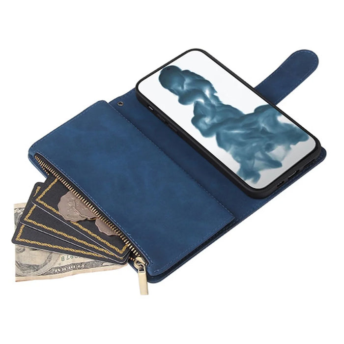 Anti-drop Leather Cover for iPhone 15 Pro Max , Multiple Card Slots Zipper Pocket Phone Wallet Stand Case - Blue - 3