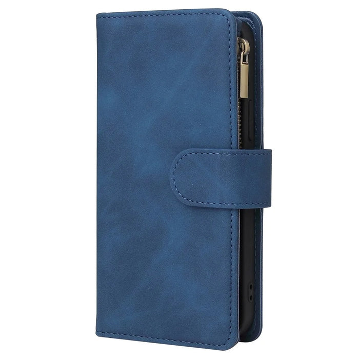 Anti-drop Leather Cover for iPhone 15 Pro Max , Multiple Card Slots Zipper Pocket Phone Wallet Stand Case - Blue - 5