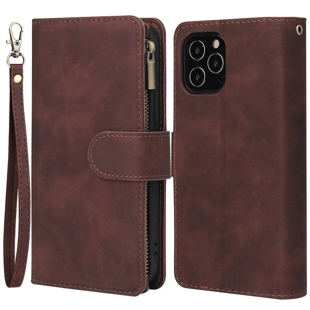 Leather Cover for iPhone 15 Pro , Multiple Card Slots Zipper Pocket Phone Wallet Stand Case - Coffee - 1