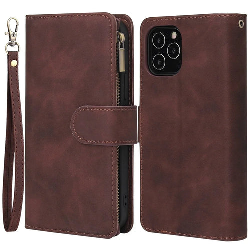 Leather Cover for iPhone 15 Pro , Multiple Card Slots Zipper Pocket Phone Wallet Stand Case - Coffee - 1
