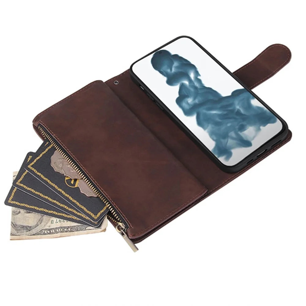 Leather Cover for iPhone 15 Pro , Multiple Card Slots Zipper Pocket Phone Wallet Stand Case - Coffee - 3