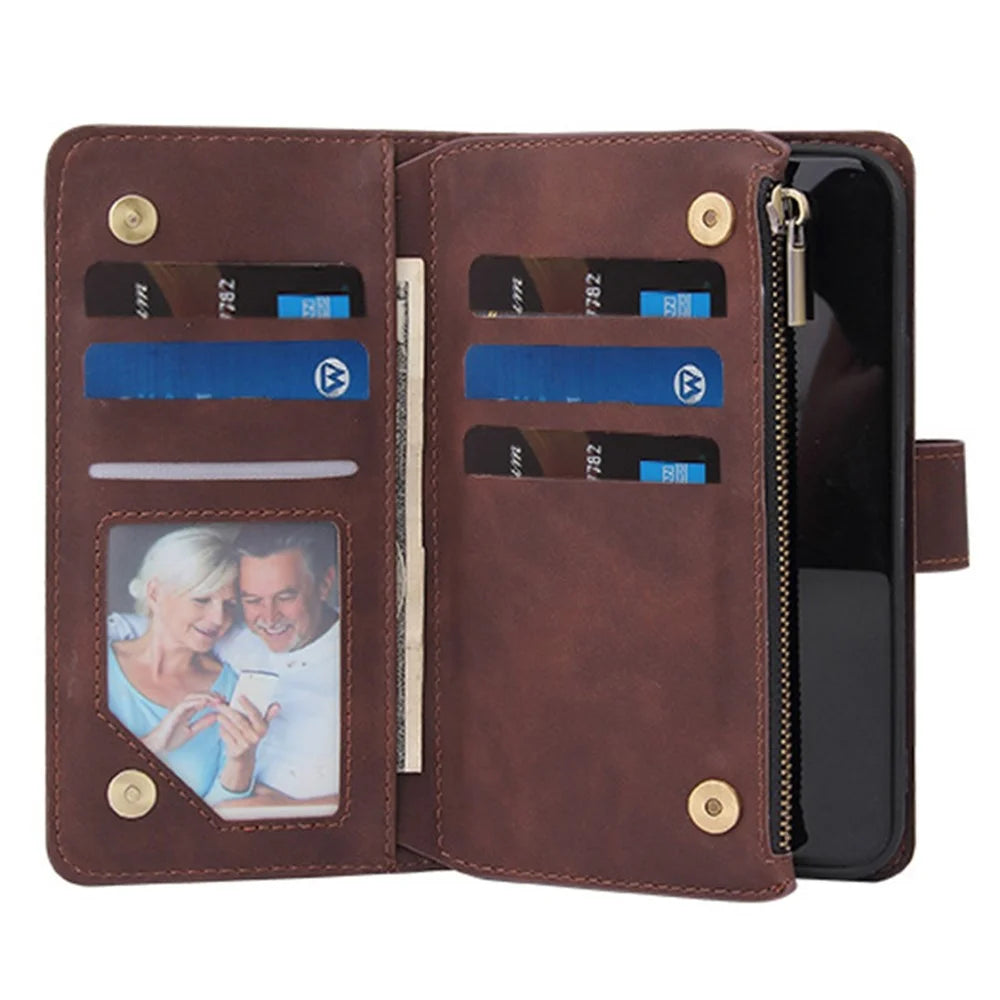 Leather Cover for iPhone 15 Pro , Multiple Card Slots Zipper Pocket Phone Wallet Stand Case - Coffee - 4