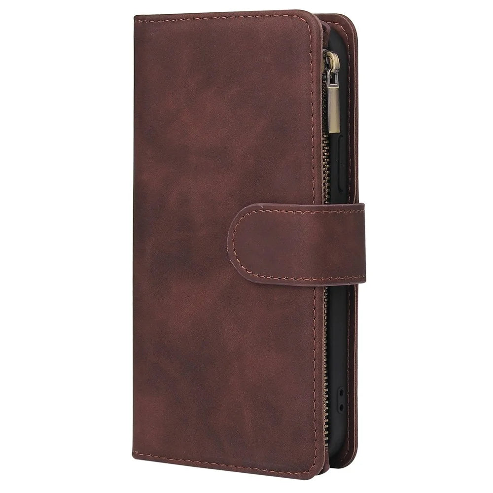 Leather Cover for iPhone 15 Pro , Multiple Card Slots Zipper Pocket Phone Wallet Stand Case - Coffee - 5