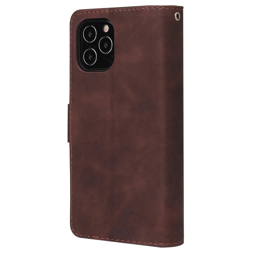 Leather Cover for iPhone 15 Pro , Multiple Card Slots Zipper Pocket Phone Wallet Stand Case - Coffee - 6