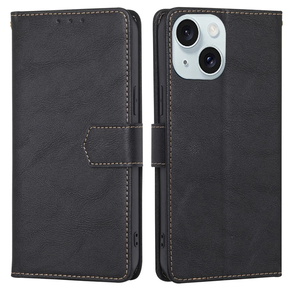 For iPhone 15 Magnetic Clasp Folio Flip PU Leather Wallet Case Cell Phone Stand Cover - Black - 1