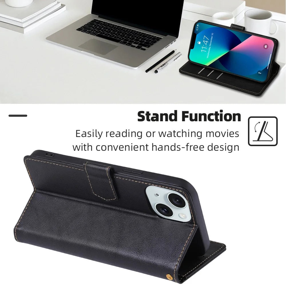 For iPhone 15 Magnetic Clasp Folio Flip PU Leather Wallet Case Cell Phone Stand Cover - Black - 3