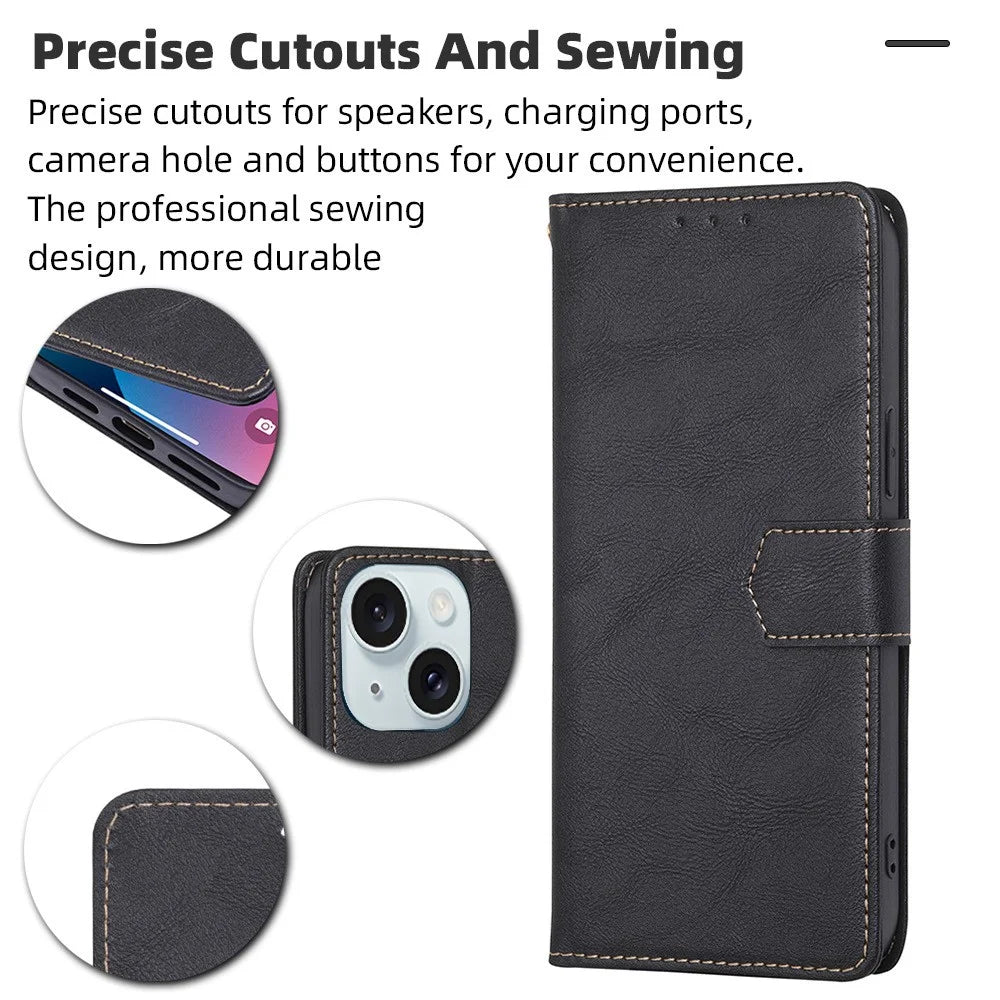For iPhone 15 Magnetic Clasp Folio Flip PU Leather Wallet Case Cell Phone Stand Cover - Black - 6