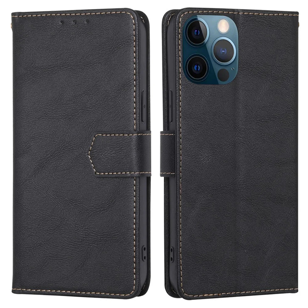 For iPhone 15 Pro Magnetic Clasp Folio Flip PU Leather Wallet Case Cell Phone Foldable Stand Cover - Black - 1