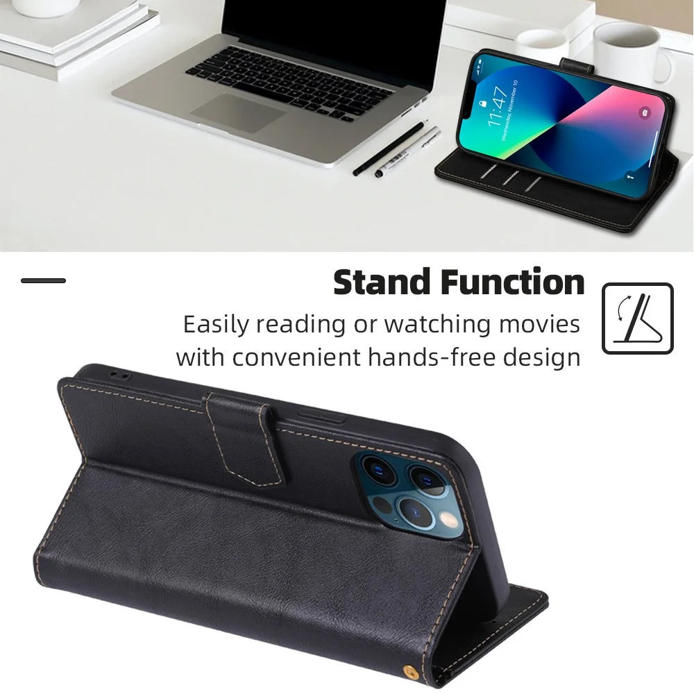For iPhone 15 Pro Magnetic Clasp Folio Flip PU Leather Wallet Case Cell Phone Foldable Stand Cover - Black - 3