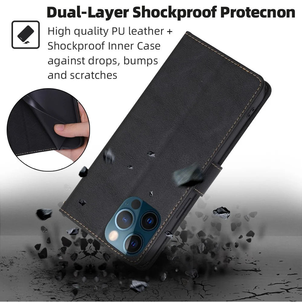 For iPhone 15 Pro Magnetic Clasp Folio Flip PU Leather Wallet Case Cell Phone Foldable Stand Cover - Black - 7